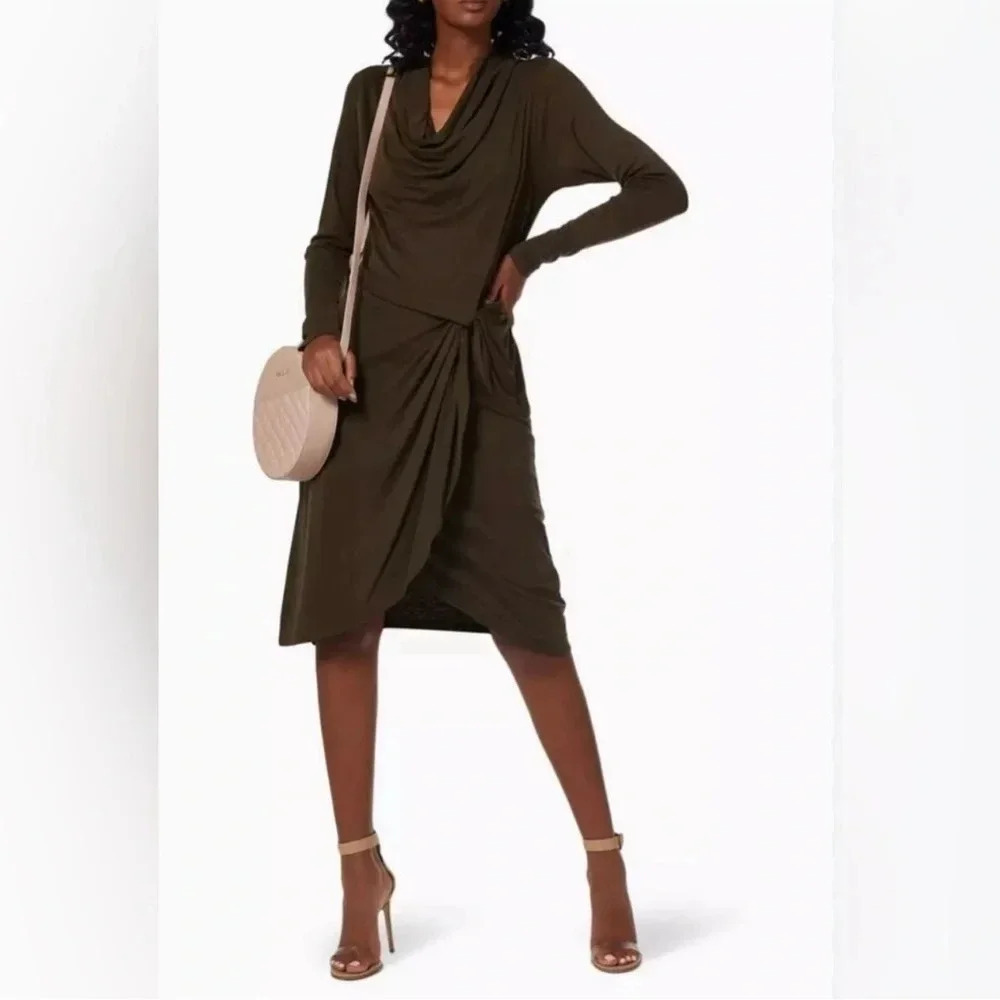 TED BAKER Khaki Green Neyda Long Sleeve Jersey Drape Dress Size 2 - Picture 15 of 15